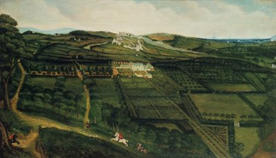Eine entfernte Ansicht von Corfe Castle von P. Danckerts